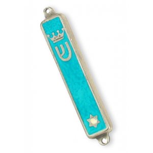 Small Gold Plated Mezuzah Case, Crown and Star of David - Turquoise