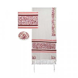 Yair Emanuel Embroidered Silk Cotton Tallit, Matriarchs Trees and Birds  Maroon