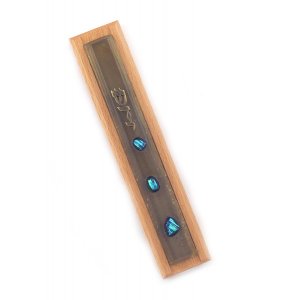 Two Tone Wood Mezuzah with blue Glass Decorations