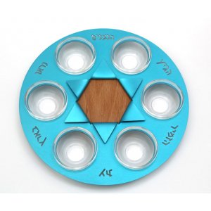 Shraga Landesman Sky-Blue Star of David Seder Plate - Aluminum, Wood and Glass