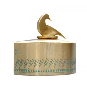 Shraga Landesman Brass Patina Charity Box Wheat Design - Gold Duck