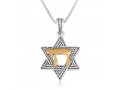 Pendant Necklace, Star of David and Chai - Textured Sterling Silver and Gold Plate