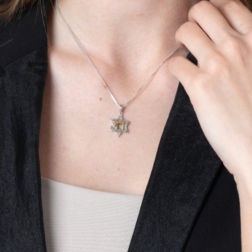 Pendant Necklace, Star of David and Chai - Textured Sterling Silver and Gold Plate