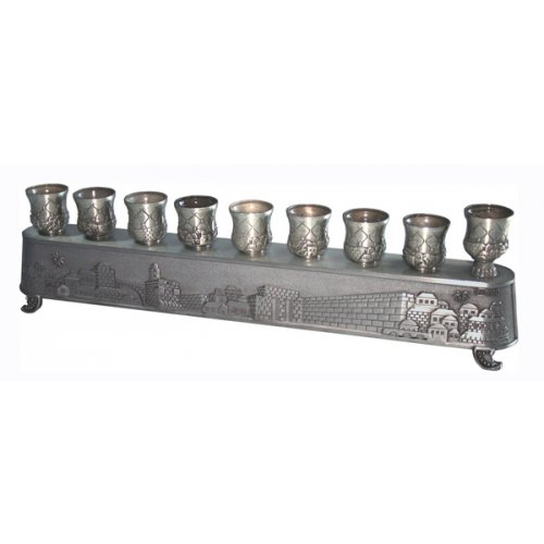 2-in-1 Pewter Plated Menorah, Jerusalem Engraving - Shabbat Lights on Reverse