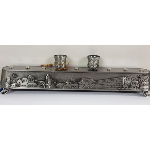 2-in-1 Pewter Plated Menorah, Jerusalem Engraving - Shabbat Lights on Reverse