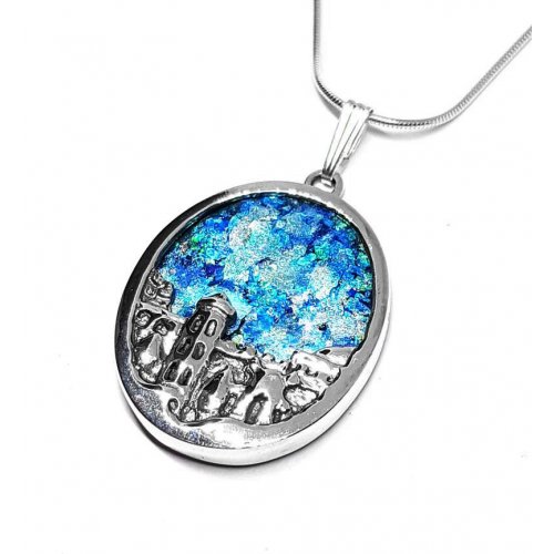 3D 925 Sterling Silver Pendant Necklace - Roman Glass Jerusalem Design