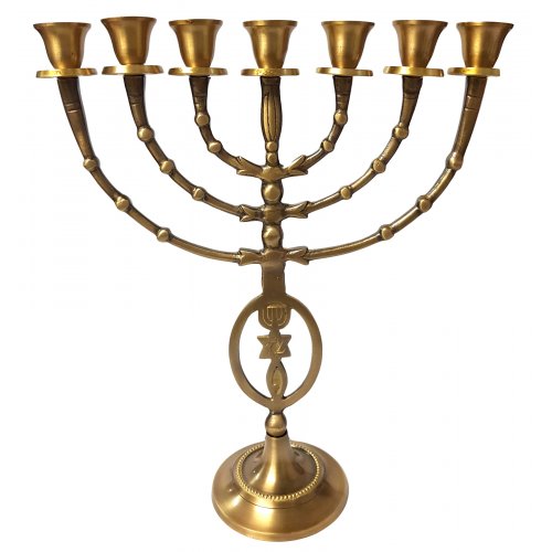 7 Branch Menorah Fish, Star of David Menorah - Antique Gold Brass 12