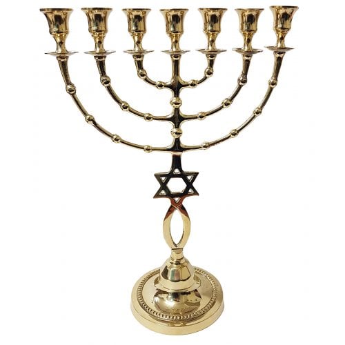 7 Branch Menorah, Fish and Star of David Design - Gold Brass 16