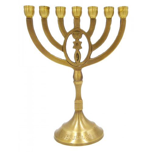 7 Branch Menorah with Grafted In Design, Dark Gold Brass with Antique Look - 8