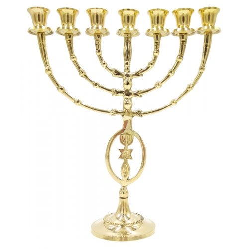 7 Branch Menorah with Oval Framed Menorah Grafted In Design, Gold Brass - 12