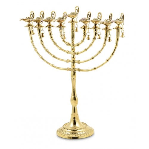 7-Branch Menorah, Golden Brass with Decorative Aladdin Lamp and Bell - 16