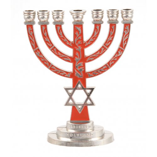 7-Branch Menorah, Red on Silver with Breastplate and Star of David  5.2