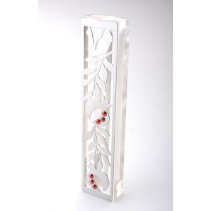 Dorit Judaica Laser Cut Steel Mezuzah Case Pomegranates - Red Swarovski Stones