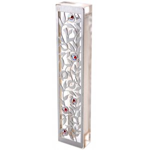 Dorit Judaica Laser Cut Steel Mezuzah Case Pomegranates - Swarovski Stones