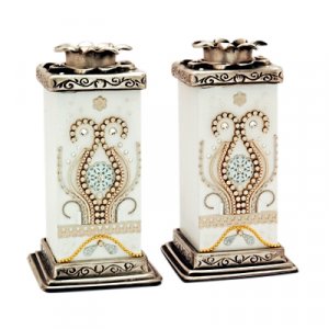 Ester Shahaf Wood & Pewter White Candlesticks