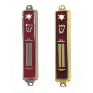 Small Metal and Enamel Mezuzah Case - Star of David and Torah Scroll