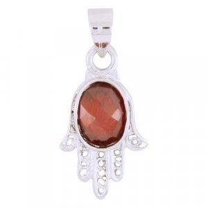 Rhodium Plated Hamsa Hand Pendant with Red Garnet Stone in Palm