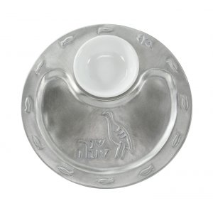 Shraga Landesman Etched Silver-Nickel Etched Tray with White Glass Honey Dish