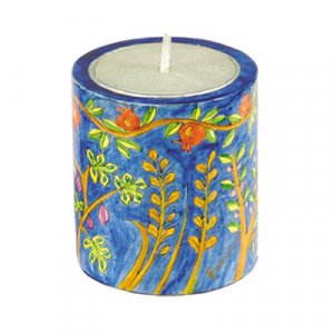 Yair Emanuel Yahrzeit Memorial Hand Painted Wood Candle Holder - Seven Species