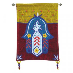 Yair Emanuel Small Hamsa Appliqued Silk Wall Hanging, Colorful - Flowers