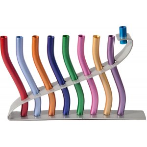 Yair Emanuel Anodized Aluminum Hanukkah Menorah, Lyre Image - Multicolored