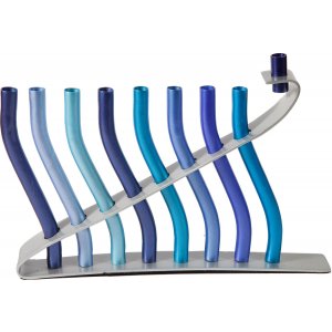 Yair Emanuel Anodized Aluminum Hanukkah Menorah, Lyre Image - Shades of Blue