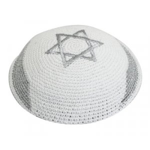 White-Silver Knitted Kippah with Silver Israel Flag Design