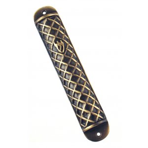 Wide Round Pewter Mezuzah Case  gold criss-cross Design