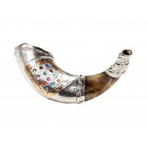 Sterling Silver Ram's Horn Shofar - Choshen Breastplate with Colorful Stones