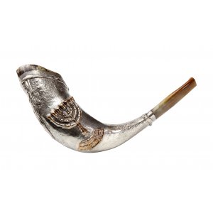 Sterling Silver Ram's Horn Shofar - Seven Branch Menorah Decoration