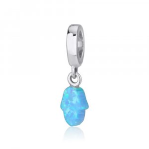 Sterling Silver Charm with Hanging Blue Opal - Hamsa Hand