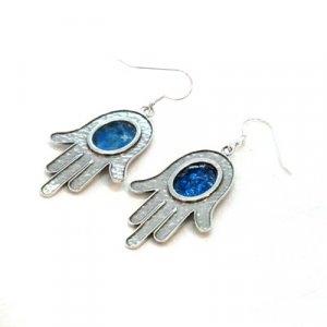 Michal Kirat Hamsa Good Luck Silver Drop Earrings with Roman Glass Center