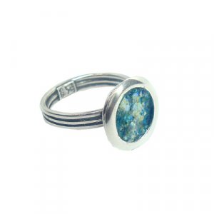 Michal Kirat, Sterling Silver Ring with Framed Round Roman Glass - Adjustable