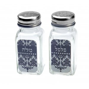 Dorit Judaica Glass Salt and Pepper Shaker Set Hebrew - Oriental Gray Print