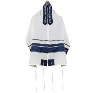 White Tallit with Blue Crinkled Stripe Set by Ronit Gur