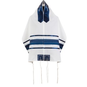 Blue Embroidered Stripe and White Tallit Set by Ronit Gur