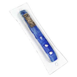 Opaque Glass Mezuzah Case Decorative Western Wall Shin, Daled, Yud - Blue