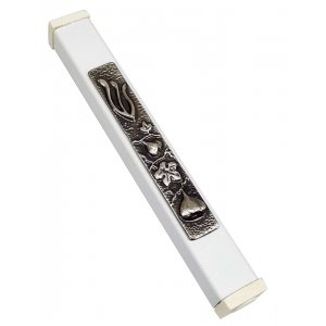 White Aluminum Mezuzah Case Elongated Shin - Figs Motif