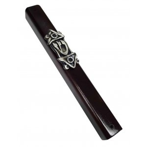 Dark Brown Wood Mezuzah Case with Shin on Decorative Silver Pewter