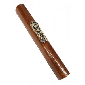 Two Tone Brown Wood Mezuzah Case - Bronze Pewter Western Wall with Divine Name