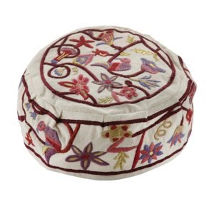 Yair Emanuel Embroidered Bucharian Hat-Kippah - Colored Flowers and Birds on Cream