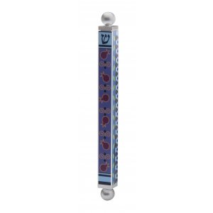 Dorit Judaica Aluminum Mezuzah Case - Blue and Red Pomegranate Design