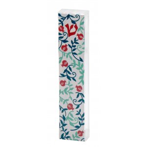 Dorit Judaica Lucite Mezuzah Case, Leafy Pomegranates - Red and Green