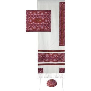 Yair Emanuel Embroidered Silk Cotton Tallit Set, Stars of David - Shades of Red