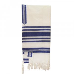 Gabrieli Handwoven White Wool Tallit Set - Blue and Silver Stripes