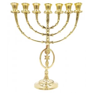 7 Branch Menorah with Oval Framed Menorah Grafted In Design, Gold Brass - 12"