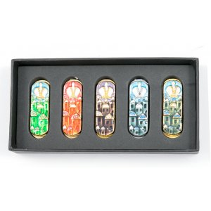 Set of Five Car Mezuzahs in Gift Box - Jerusalem and Crown Design