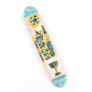 Rounded Mezuzah Case with Gleaming Judaic Symbols - Gold, Green and Off White