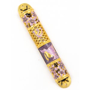 Rounded Mezuzah Case with Gleaming Peace Dove and Flowers - Gold and Purple