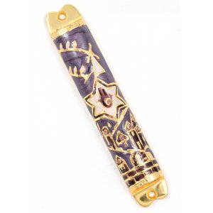 Mezuzah Case with Hamsa, Star of David and Jerusalem Images - Gold and Purple